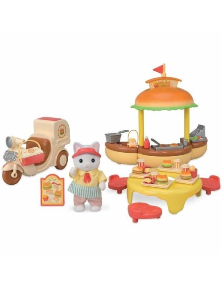 Dolls House Accessories Sylvanian Families Puesto de hamburguesas - Papa Latte Cat y Scooter 30 Pieces