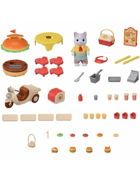 Dolls House Accessories Sylvanian Families Puesto de hamburguesas - Papa Latte Cat y Scooter 30 Pieces