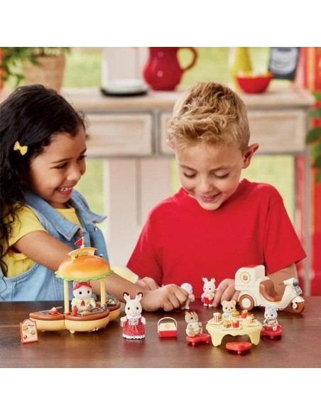 Dolls House Accessories Sylvanian Families Puesto de hamburguesas - Papa Latte Cat y Scooter 30 Pieces