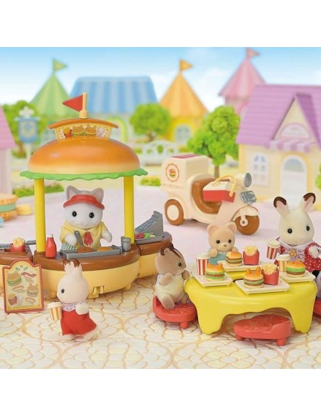Dolls House Accessories Sylvanian Families Puesto de hamburguesas - Papa Latte Cat y Scooter 30 Pieces